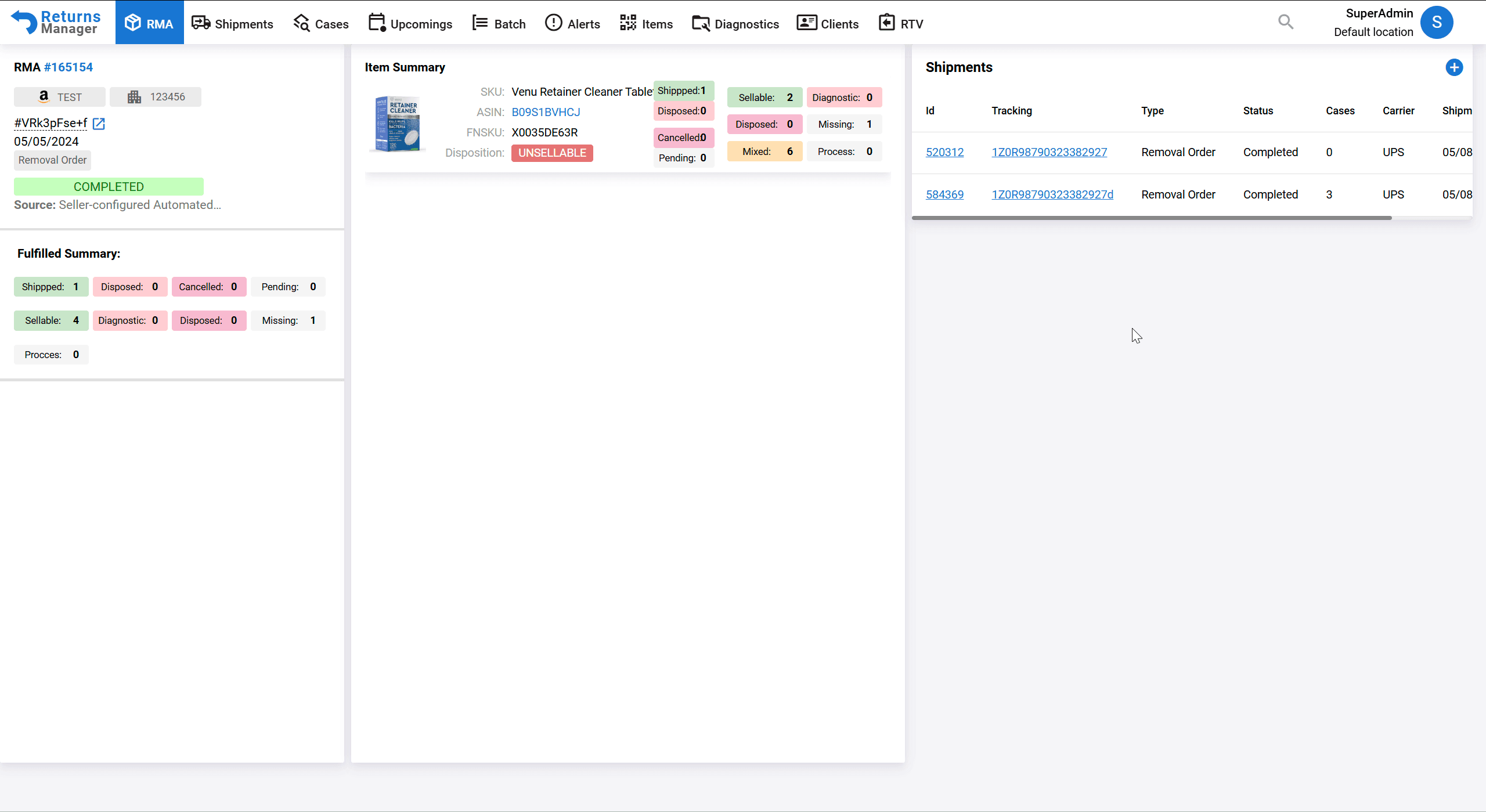 Multi-channel return shipment dashboard